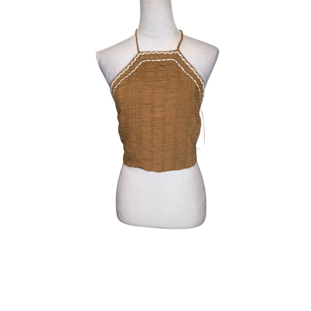 Miou Muse Brown Smocked‎ Halter Crop Top Boho Embroidered Tie Back T3439ST Large